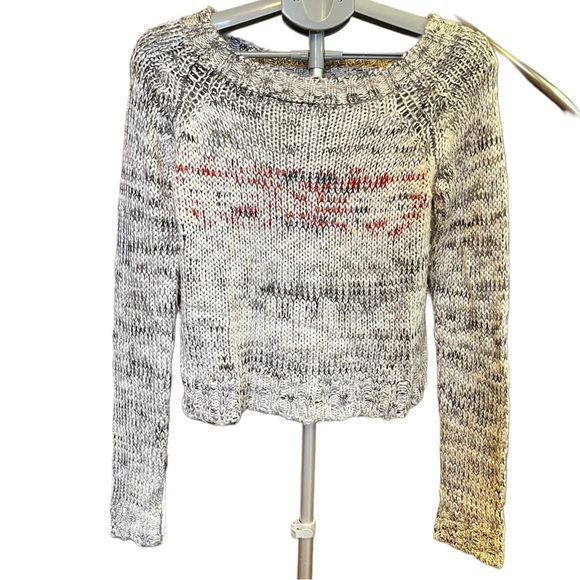 POL Sweaters - POL Gray and Red Knit Boatneck Sweater, Size Large.
